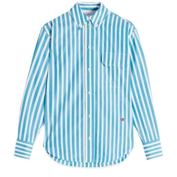 Victoria Beckham- Oversized Teal and White Stripe Longsleeve Button down - Picture 1 of 9